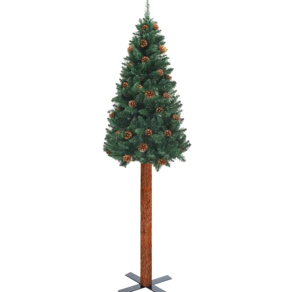 Kapea joulukuusi aidolla puulla ja kävyillä, vihreä, 210cm, PVC