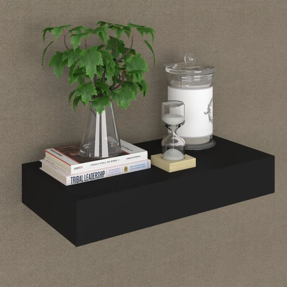 Kelluva seinähylly vetolaatikolla musta 48x25x8 cm