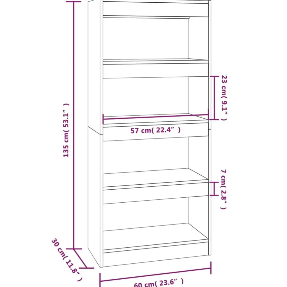 Kirjahylly/tilanjakaja 60x30x135 cm korkeakiilto valkoinen
