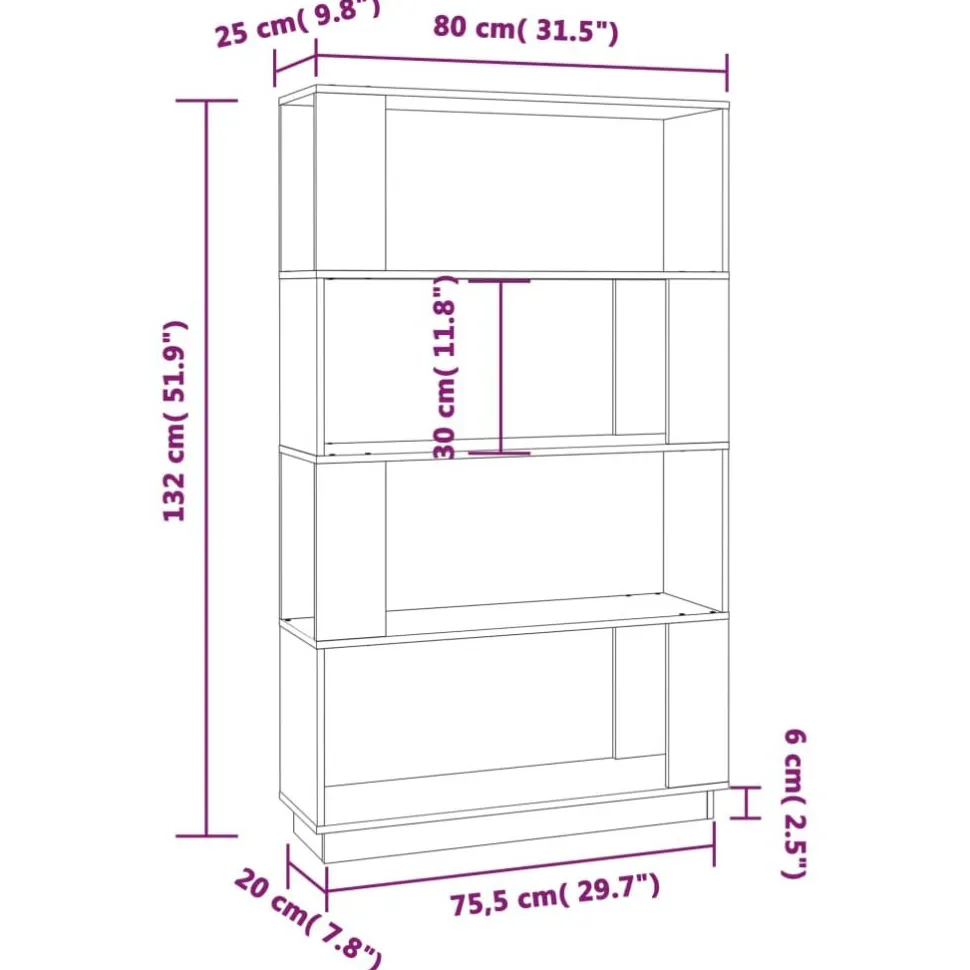 Kirjahylly/tilanjakaja 80x25x132 cm mänty harmaa