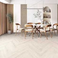 Kivikomposiittikalanruotovinyylilankku DomusFlooring Hiisi valkaistu, integroitu askeläänieriste