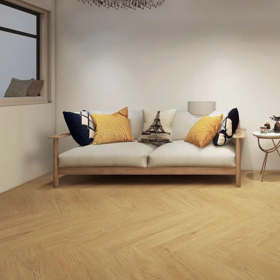 Kivikomposiittikalanruotovinyylilankku DomusFlooring Lempo luonnontammi, integroitu askeläänieriste