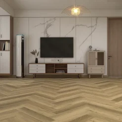 Kivikomposiittikalanruotovinyylilankku DomusFlooring Loihi luonnontammi, integroitu askeläänieriste