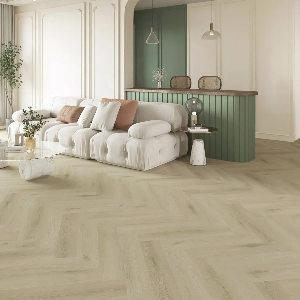 Kivikomposiittikalanruotovinyylilankku DomusFlooring Otso hiekkatammi, integroitu askeläänieriste