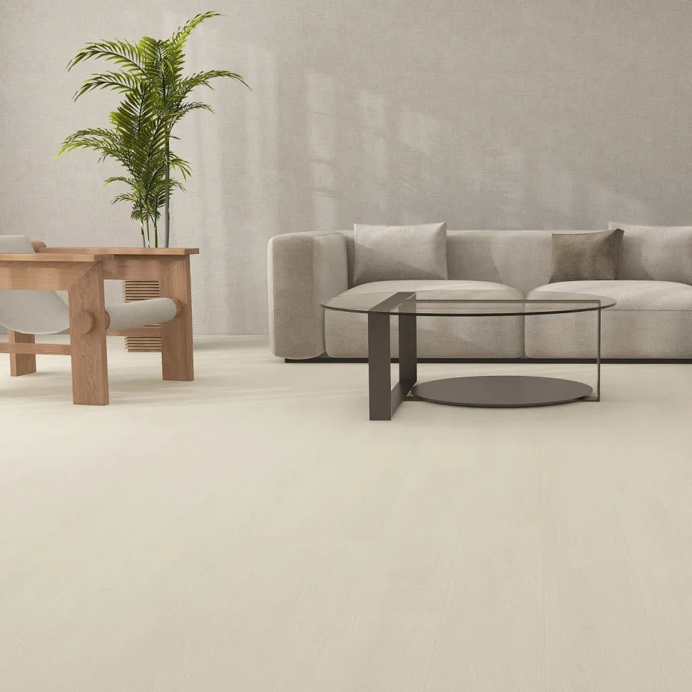 Kivikomposiittivinyylilankku DomusFlooring Kokkolinnun kalkkitammi, integroitu askeläänieriste