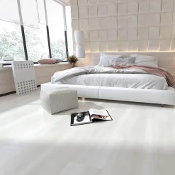 Kivikomposiittivinyylilankku DomusFlooring Lapinnoidan lumikide, integroitu askeläänieriste