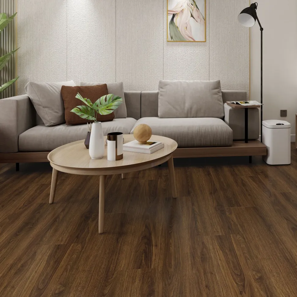 Kivikomposiittivinyylilankku DomusFlooring Pellervon pähkinä, integroitu askeläänieriste