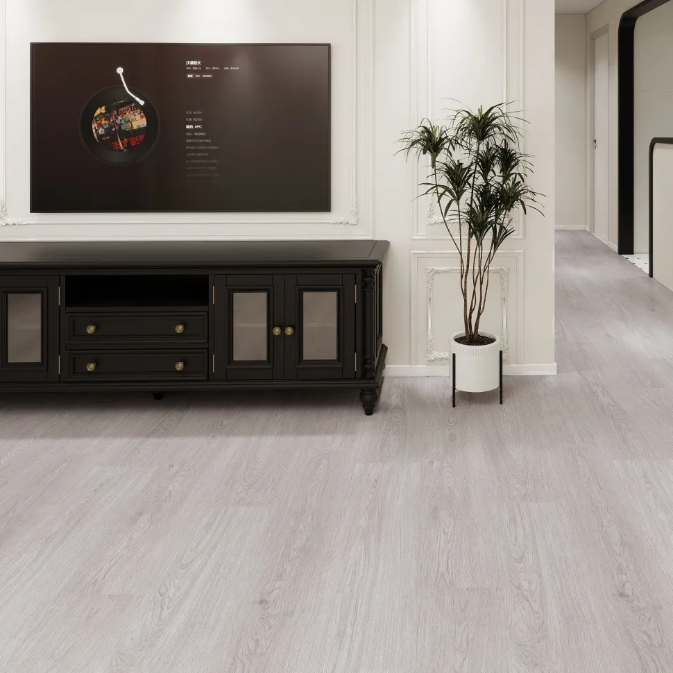 Kivikomposiittivinyylilankku DomusFlooring Tuulikin tuhkatammi, integroitu askeläänieriste