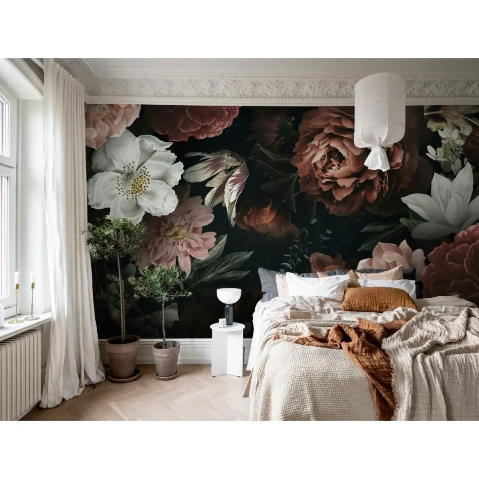 Kuvatapetti Rebel Walls Bloomy Bouquet musta, mittatilaus, non-woven
