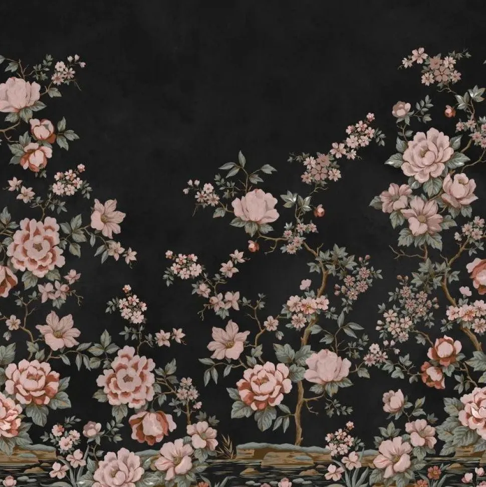 Kuvatapetti Rebel Walls Floral Chinoiserie musta, mittatilaus, non-woven