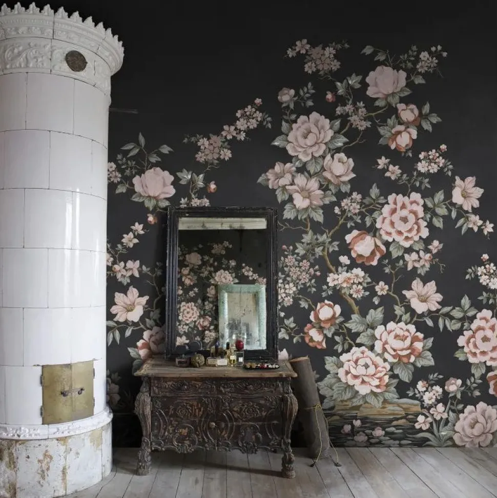 Kuvatapetti Rebel Walls Floral Chinoiserie musta, mittatilaus, non-woven