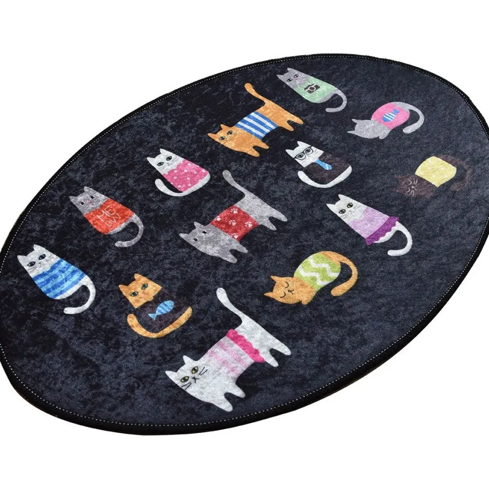 Kylpyhuoneen matto Linento Black Cats Oval 60x90cm musta/monivärinen