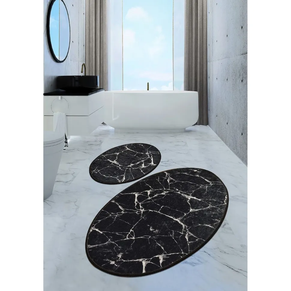 Kylpyhuonemattosetti Linento Marble Oval, 2kpl, musta