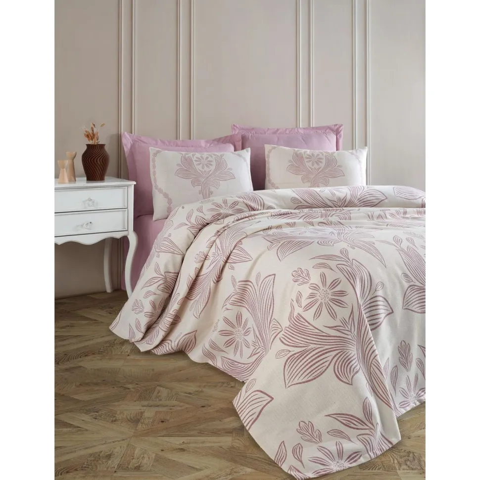 Parivuoteen päiväpeitto + 2 tyynyliinaa Linento Jumbo, 200x230cm + 50x70cm, himmeä roosa