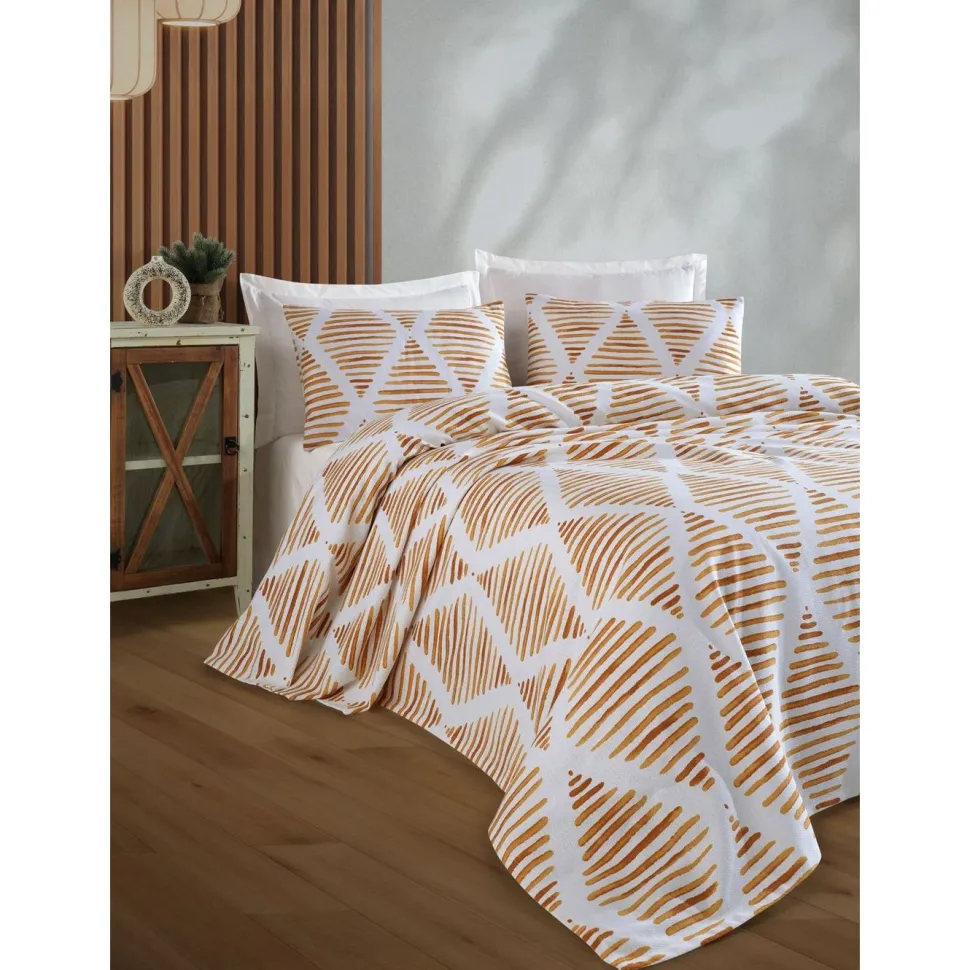 Parivuoteen päiväpeitto + 2 tyynyliinaa Linento Segment, 200x230cm + 50x70cm, sinapinkeltainen