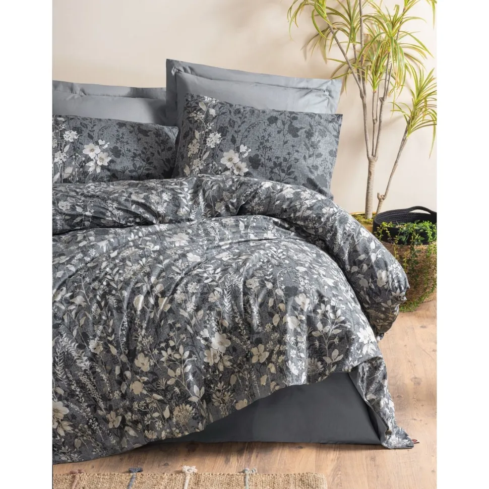 Parivuoteen pussilakanasetti Linento Comely, 260x220cm + 50x80cm, antrasiitti