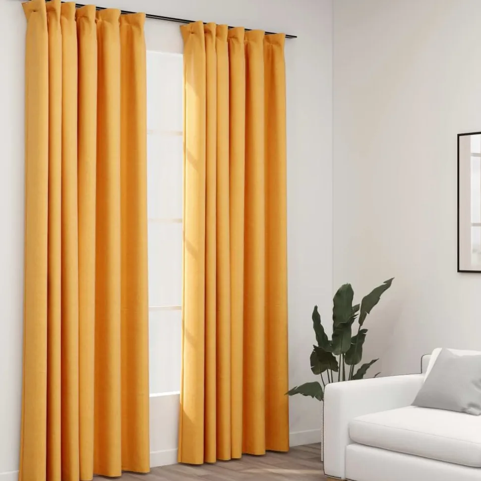 Pellavamaiset pimennysverhot koukuilla 2 kpl kelt. 140x225cm