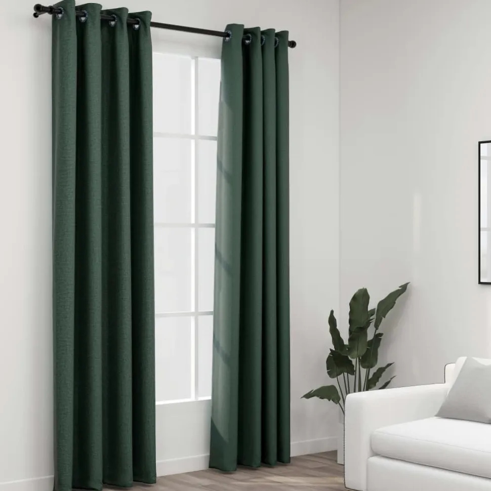 Pellavamaiset pimennysverhot renkailla 2kpl vihreä 140x225cm