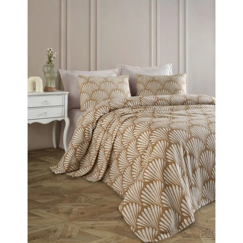 Päiväpeitto + tyynyliina Linento Yelpaze, 160x230cm + 50x70cm, ruskea