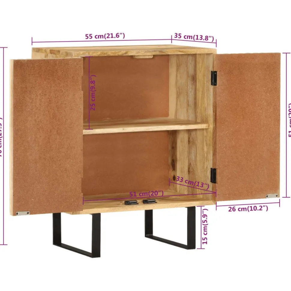 Senkki 2 ovella 55x35x70 cm täysi mangopuu (54983)