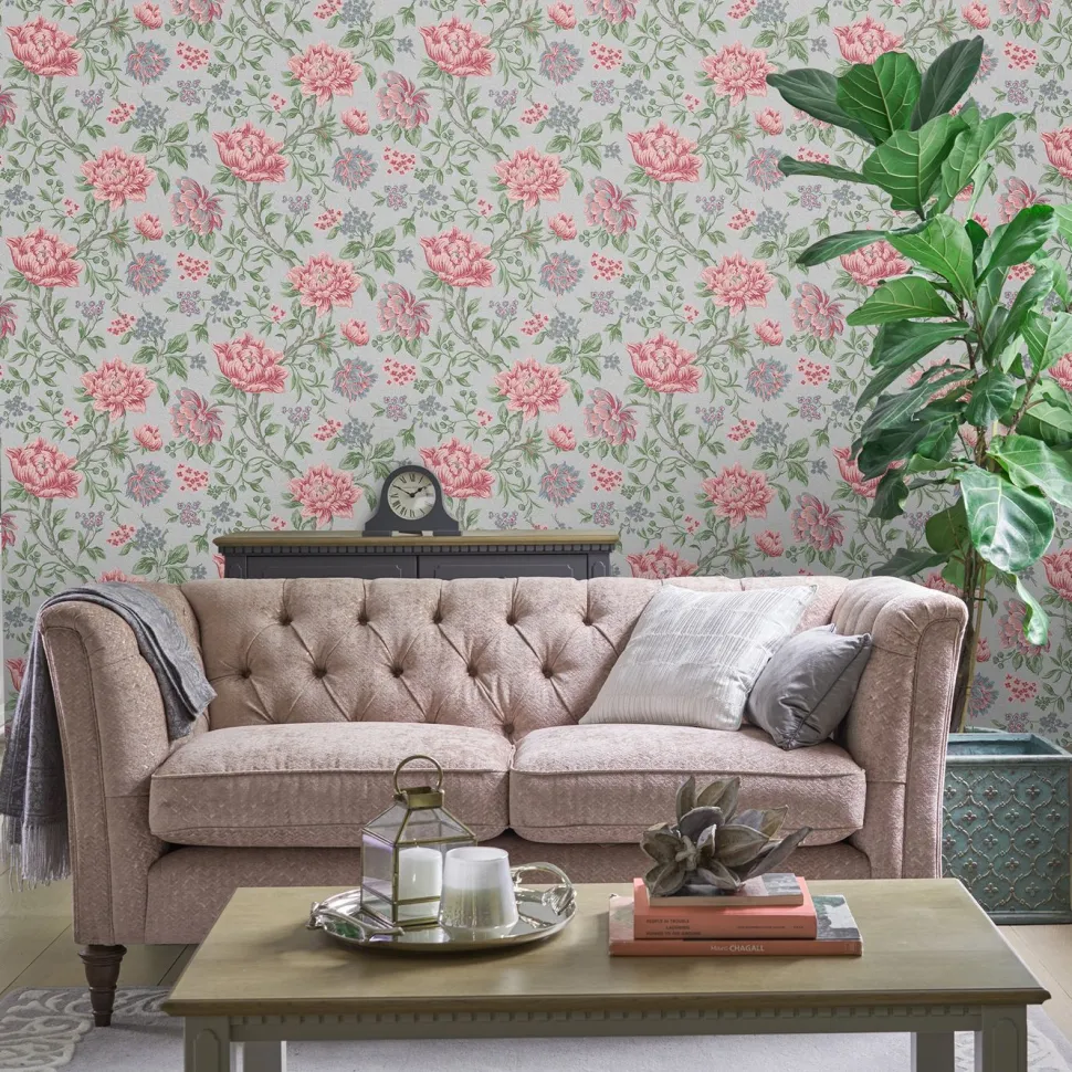 Tapetti Laura Ashley 113408 Tapestry Floral Slate Grey, kukka, maalaisromanttinen, vaaleanpunainen