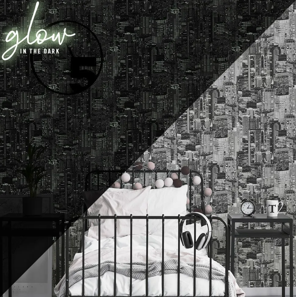 Tapetti Sandudd Luminocity Mono Glow In The Dark 108015, kaupunki, moderni, mustavalkoinen