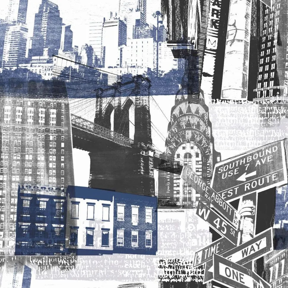 Tapetti Sandudd Fresco New York Blue/Black 104631, kaupunki, vintage, sininen