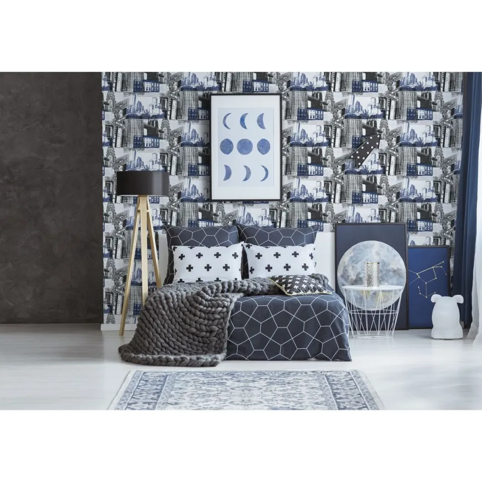 Tapetti Sandudd Fresco New York Blue/Black 104631, kaupunki, vintage, sininen