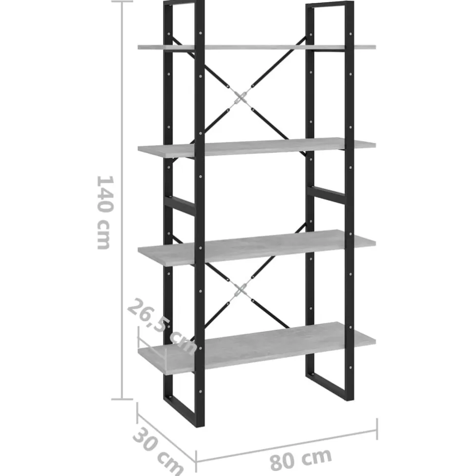 2-tasoinen kirjahylly 80x30x70 cm lastulevy betoninharmaa