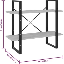 2-tasoinen kirjahylly 80x30x70 cm lastulevy betoninharmaa