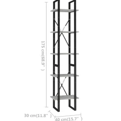 5-tasoinen kirjahylly 60x30x175 cm lastulevy harmaa