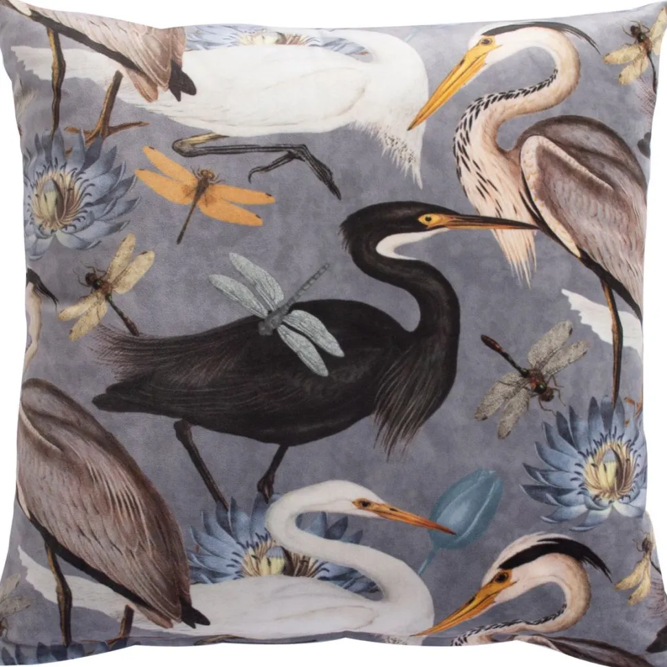Tyyny Home4You HOLLY 45x45 cm, linnut ja lumpeet, harmaa