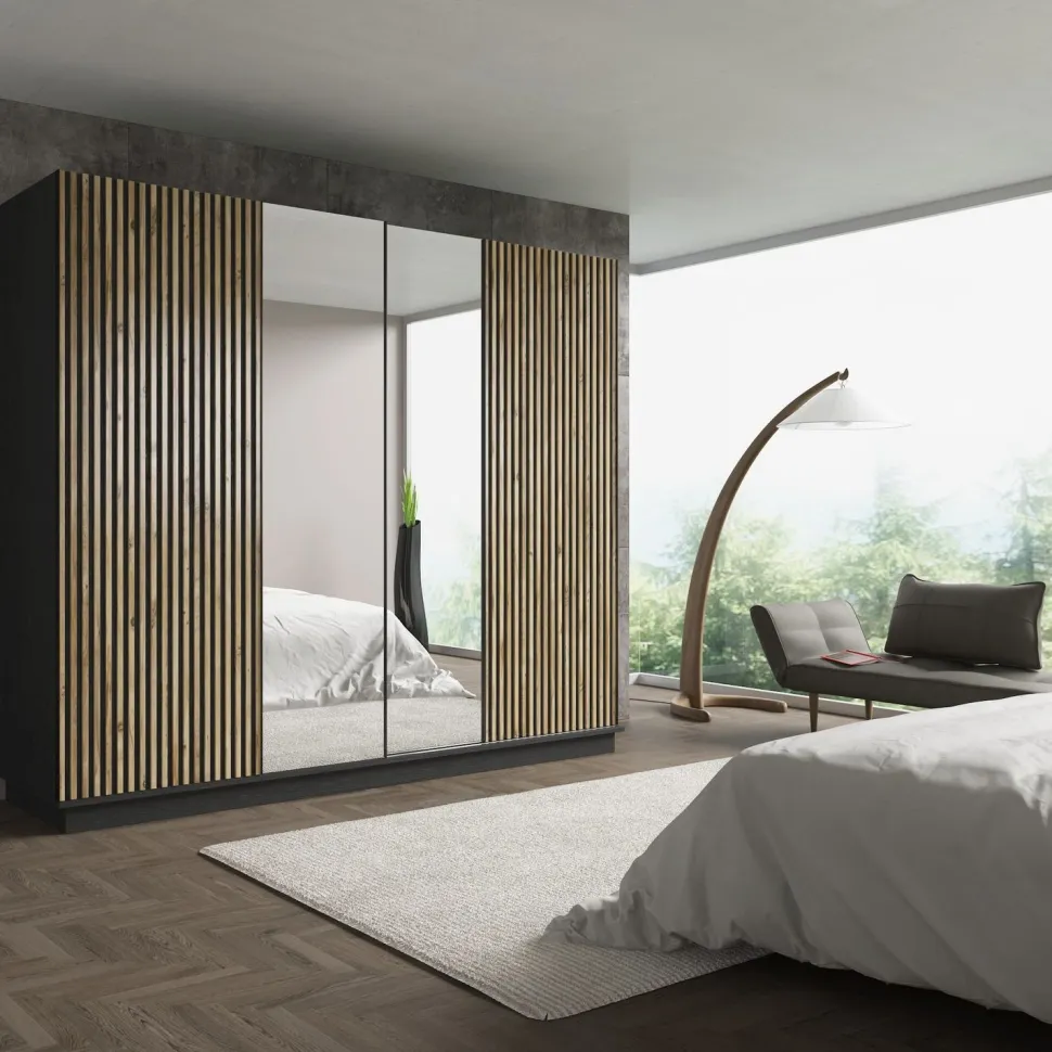 Vaatekaappi liukuovilla Linento Furniture FRN-9022, musta/atlassetri