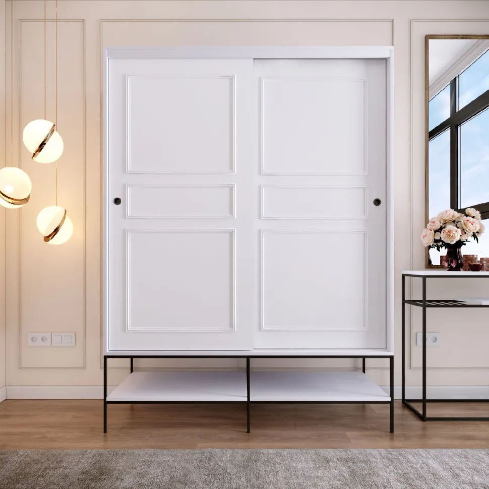 Vaatekaappi liukuovilla Linento Furniture Martin, 150cm, valkoinen