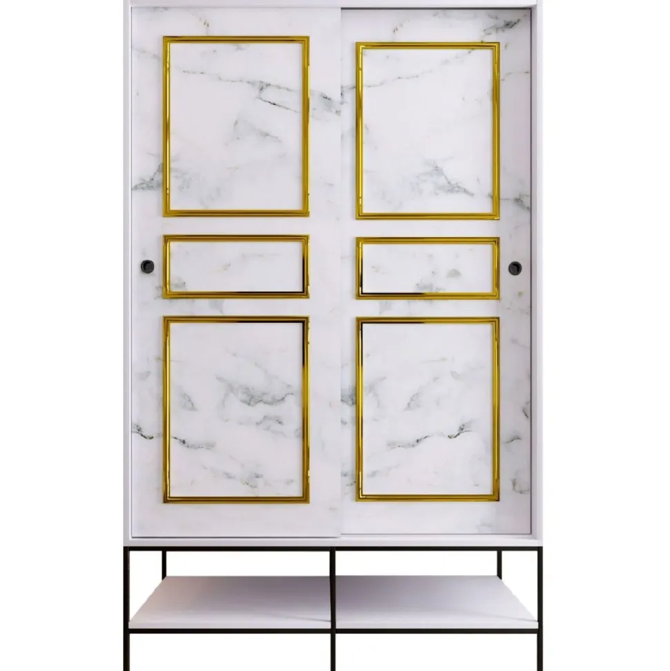 Vaatekaappi liukuovilla Linento Furniture Martin, 120cm, valkoinen marmori/kulta