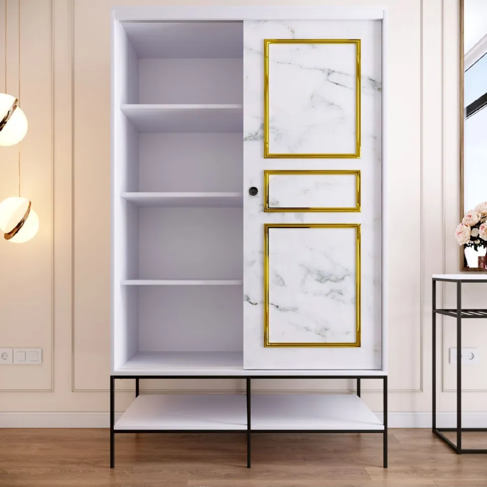 Vaatekaappi liukuovilla Linento Furniture Martin, 120cm, valkoinen marmori/kulta