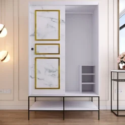 Vaatekaappi liukuovilla Linento Furniture Martin, 120cm, valkoinen marmori/kulta