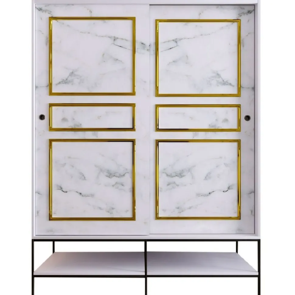 Vaatekaappi liukuovilla Linento Furniture Martin, 150cm, valkoinen marmori/kulta