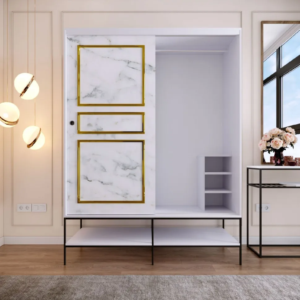Vaatekaappi liukuovilla Linento Furniture Martin, 150cm, valkoinen marmori/kulta