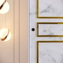 Vaatekaappi liukuovilla Linento Furniture Martin, 150cm, valkoinen marmori/kulta