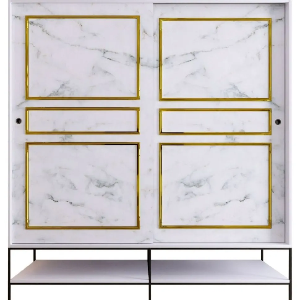 Vaatekaappi liukuovilla Linento Furniture Martin, 190cm, valkoinen marmori/kulta