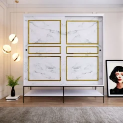 Vaatekaappi liukuovilla Linento Furniture Martin, 190cm, valkoinen marmori/kulta