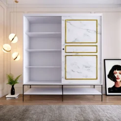 Vaatekaappi liukuovilla Linento Furniture Martin, 190cm, valkoinen marmori/kulta