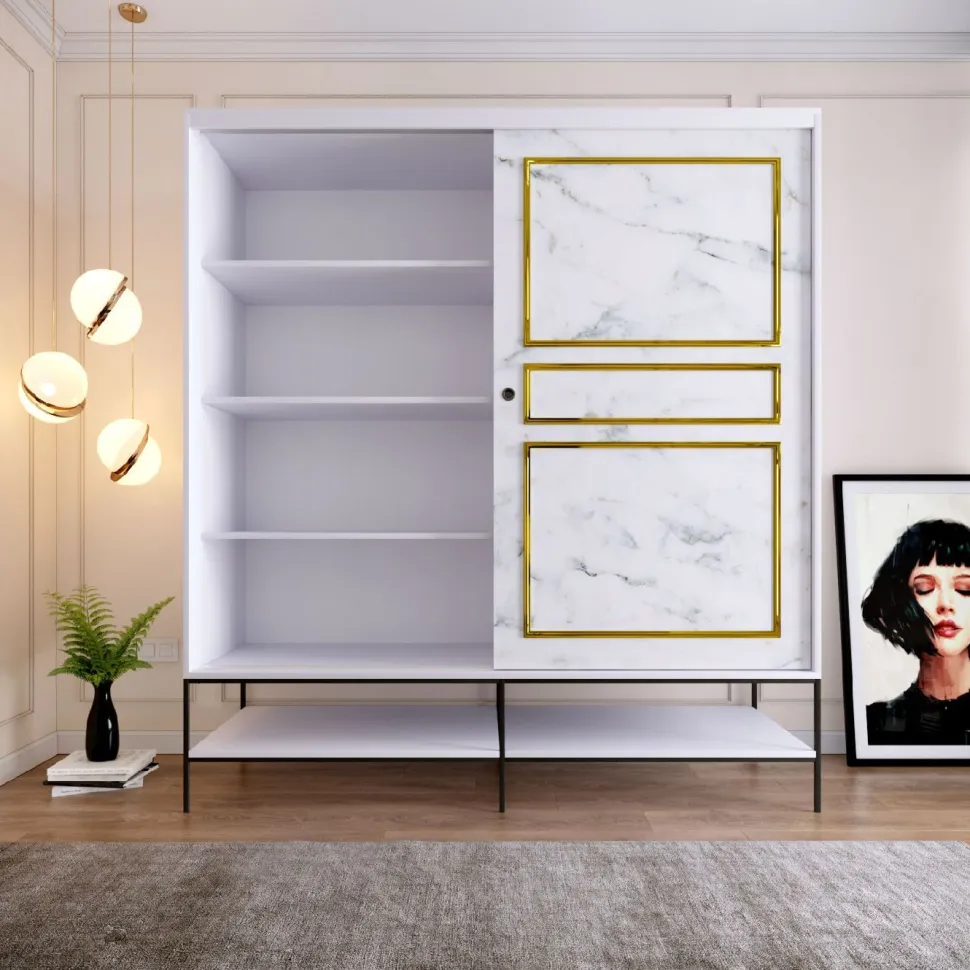 Vaatekaappi liukuovilla Linento Furniture Martin, 190cm, valkoinen marmori/kulta