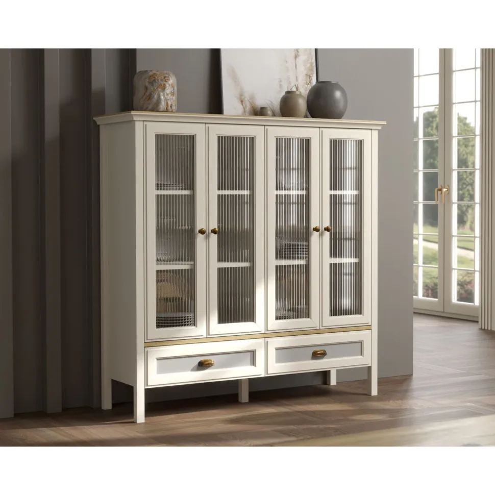 Vitriinikaappi Linento Furniture FRN-21029, 136x136cm, kerma/ruskea/harmaa