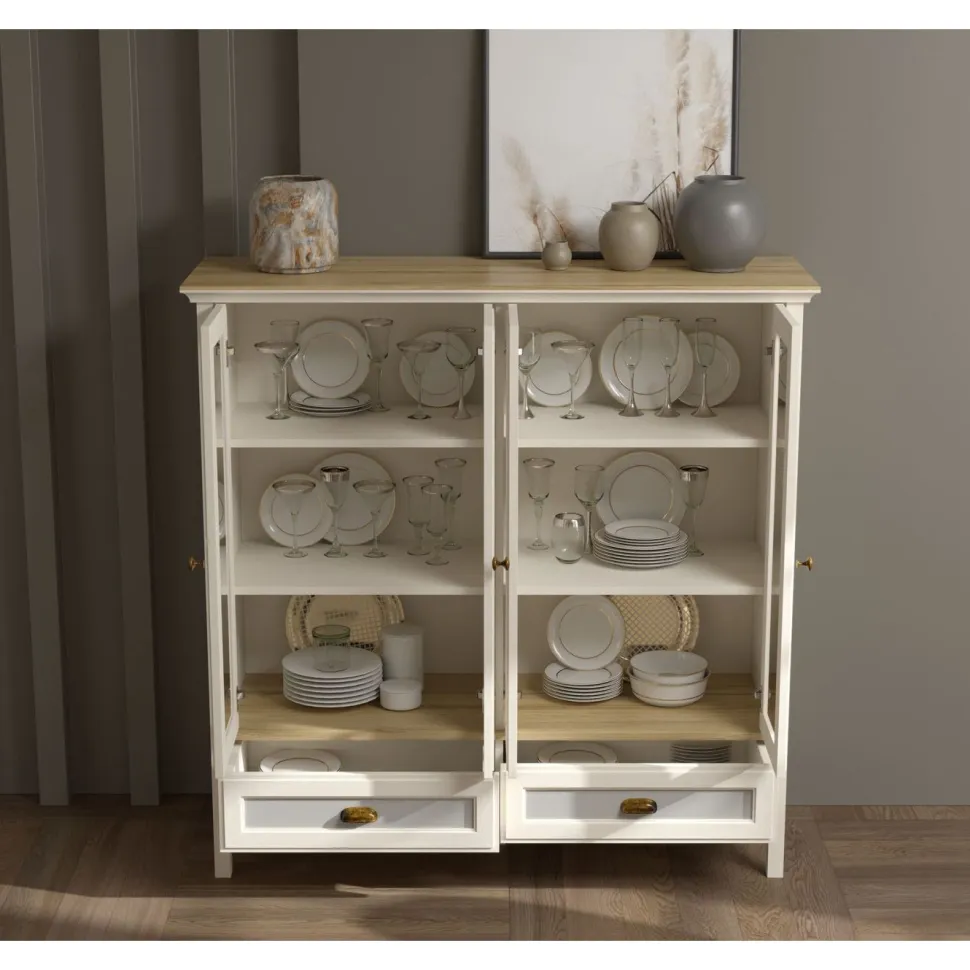 Vitriinikaappi Linento Furniture FRN-21029, 136x136cm, kerma/ruskea/harmaa