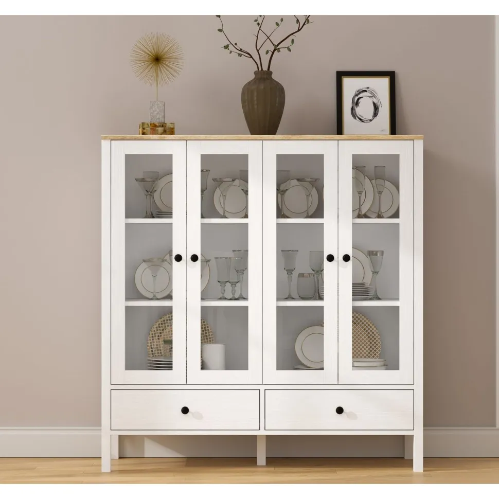 Vitriinikaappi Linento Furniture FRN-20071, 130x136cm, valkoinen/ruskea