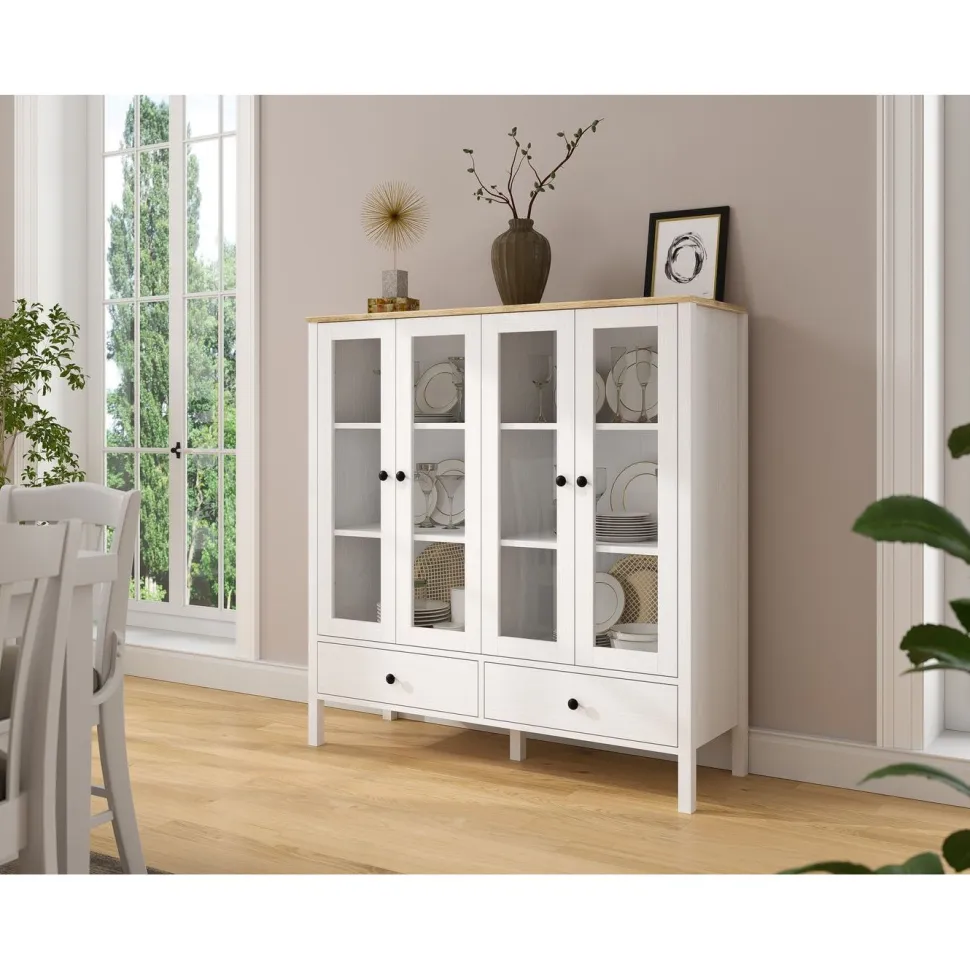 Vitriinikaappi Linento Furniture FRN-20071, 130x136cm, valkoinen/ruskea